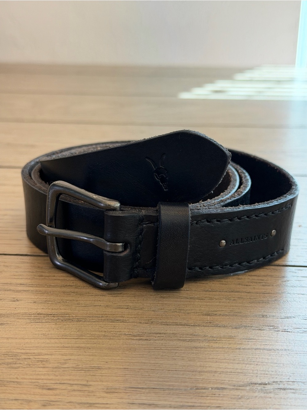 All Saints Black Leather Men's Belt with Matte Metal Buckle